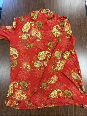 Johnny Was Red Paisley Mockneck Long Sleeve Top with Green Accents